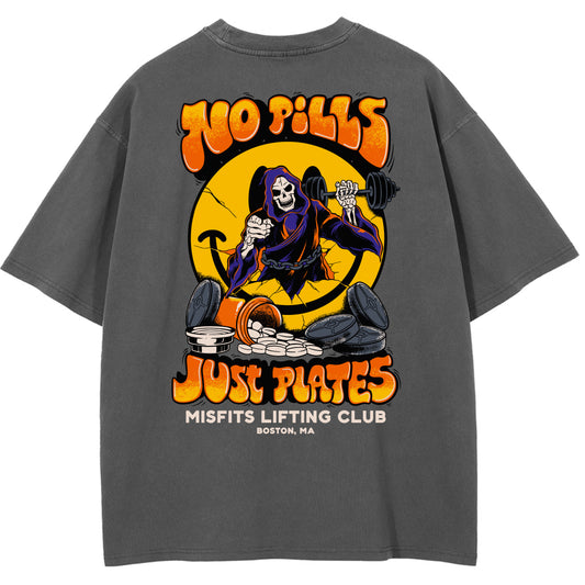 "NO PILLS JUST PLATES" OVERSIZED TEE // DARK GRAY